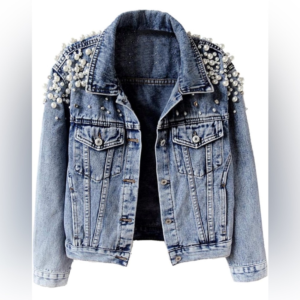 Embroidered Rivet Pearl Short Denim Jacket Coat
